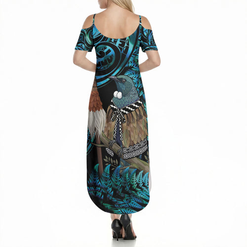 New Zealand Tui Bird Taiaha Summer Maxi Dress Maori Weapon Paua Shell Mix Silver Fern