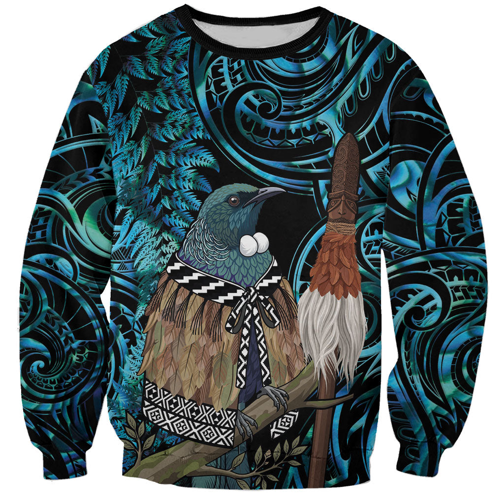 New Zealand Tui Bird Taiaha Sweatshirt Maori Weapon Paua Shell Mix Silver Fern