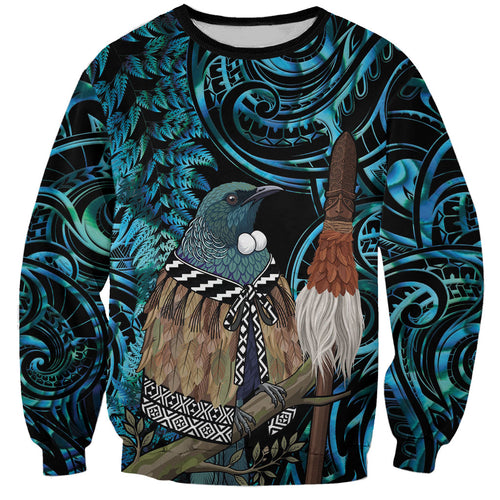 New Zealand Tui Bird Taiaha Sweatshirt Maori Weapon Paua Shell Mix Silver Fern
