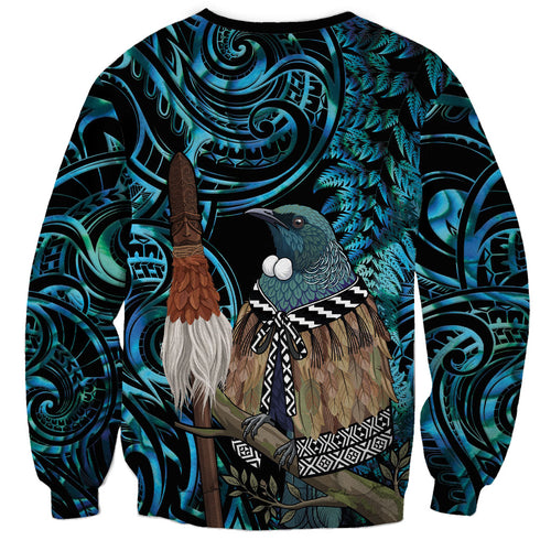 New Zealand Tui Bird Taiaha Sweatshirt Maori Weapon Paua Shell Mix Silver Fern