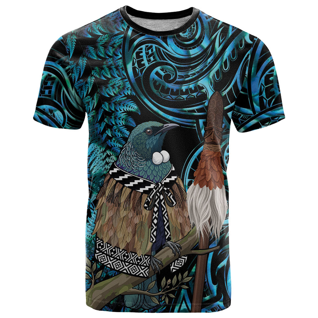 New Zealand Tui Bird Taiaha T Shirt Maori Weapon Paua Shell Mix Silver Fern
