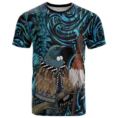 New Zealand Tui Bird Taiaha T Shirt Maori Weapon Paua Shell Mix Silver Fern