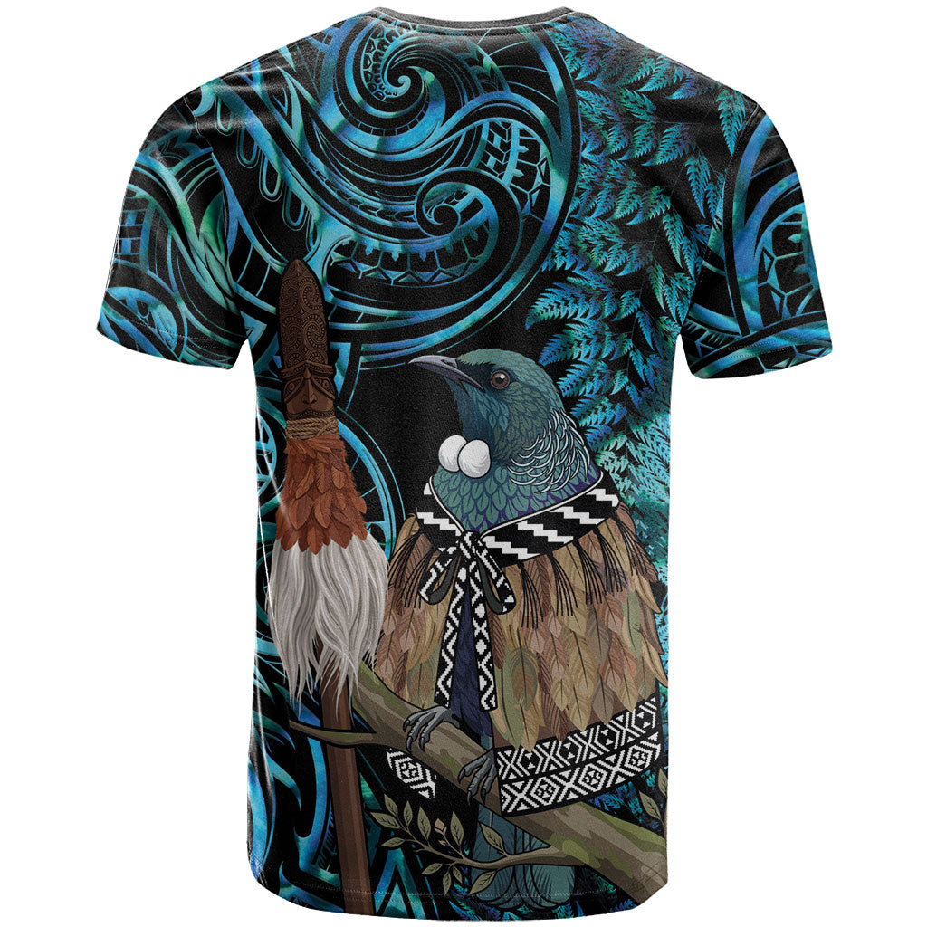 New Zealand Tui Bird Taiaha T Shirt Maori Weapon Paua Shell Mix Silver Fern