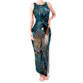 New Zealand Tui Bird Taiaha Tank Maxi Dress Maori Weapon Paua Shell Mix Silver Fern