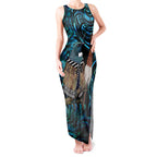 New Zealand Tui Bird Taiaha Tank Maxi Dress Maori Weapon Paua Shell Mix Silver Fern
