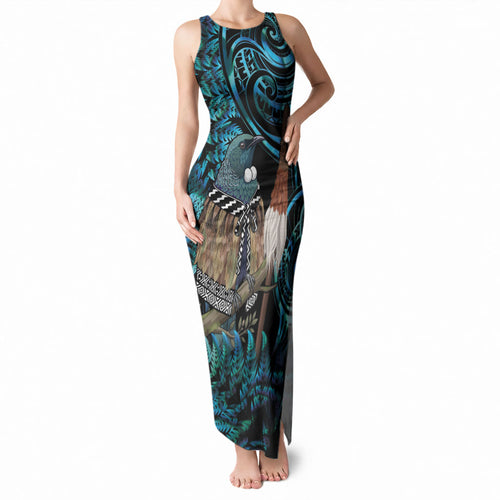 New Zealand Tui Bird Taiaha Tank Maxi Dress Maori Weapon Paua Shell Mix Silver Fern