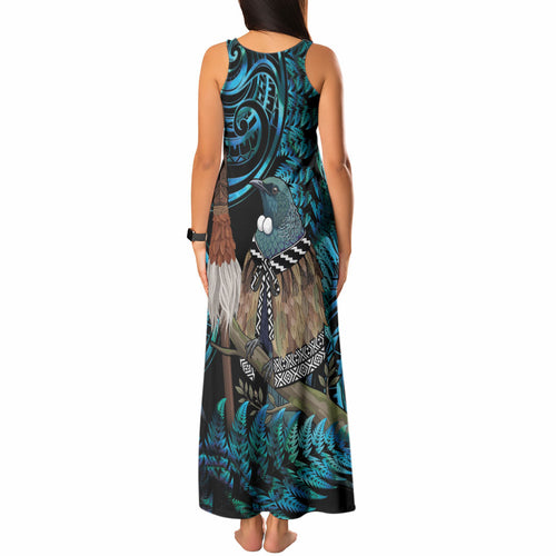 New Zealand Tui Bird Taiaha Tank Maxi Dress Maori Weapon Paua Shell Mix Silver Fern