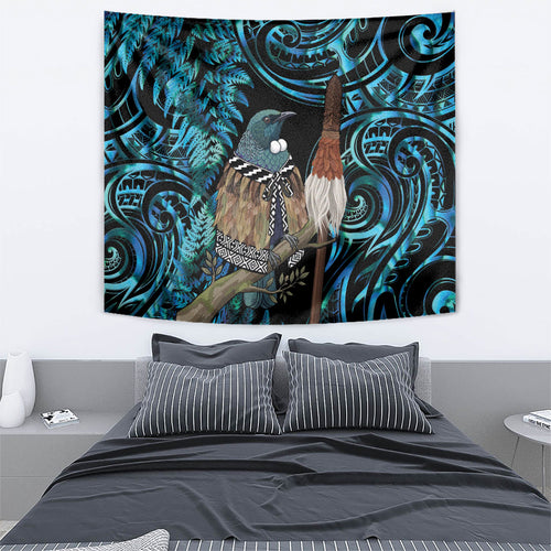New Zealand Tui Bird Taiaha Tapestry Maori Weapon Paua Shell Mix Silver Fern