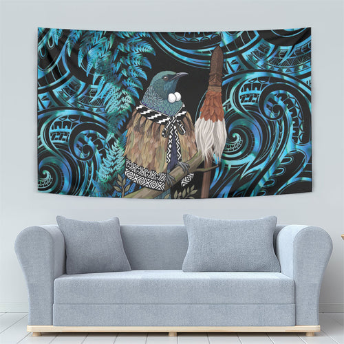 New Zealand Tui Bird Taiaha Tapestry Maori Weapon Paua Shell Mix Silver Fern