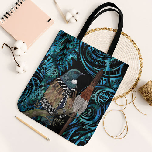 New Zealand Tui Bird Taiaha Tote Bag Maori Weapon Paua Shell Mix Silver Fern