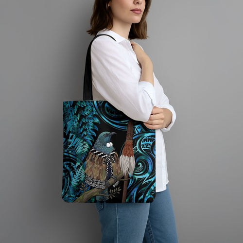 New Zealand Tui Bird Taiaha Tote Bag Maori Weapon Paua Shell Mix Silver Fern