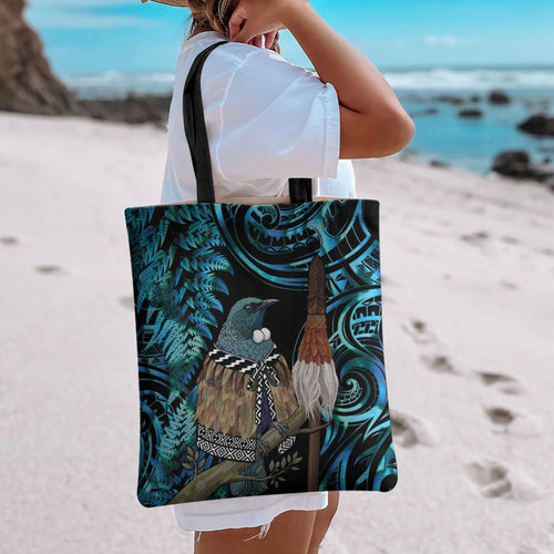 New Zealand Tui Bird Taiaha Tote Bag Maori Weapon Paua Shell Mix Silver Fern