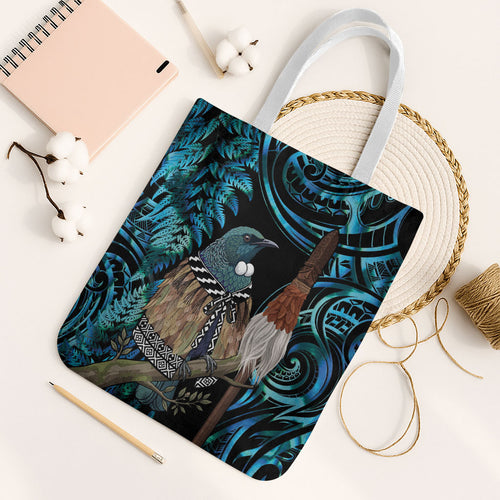 New Zealand Tui Bird Taiaha Tote Bag Maori Weapon Paua Shell Mix Silver Fern