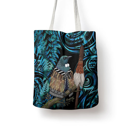 New Zealand Tui Bird Taiaha Tote Bag Maori Weapon Paua Shell Mix Silver Fern