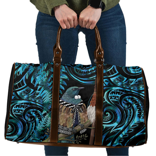 New Zealand Tui Bird Taiaha Travel Bag Maori Weapon Paua Shell Mix Silver Fern