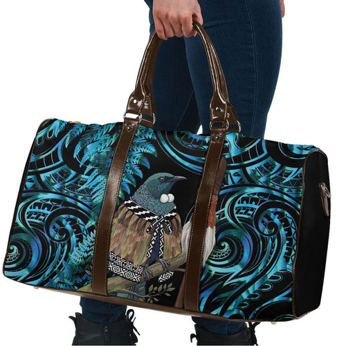 New Zealand Tui Bird Taiaha Travel Bag Maori Weapon Paua Shell Mix Silver Fern