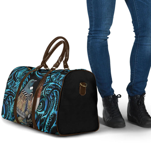 New Zealand Tui Bird Taiaha Travel Bag Maori Weapon Paua Shell Mix Silver Fern