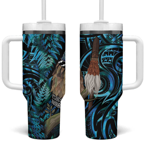 New Zealand Tui Bird Taiaha Tumbler With Handle Maori Weapon Paua Shell Mix Silver Fern