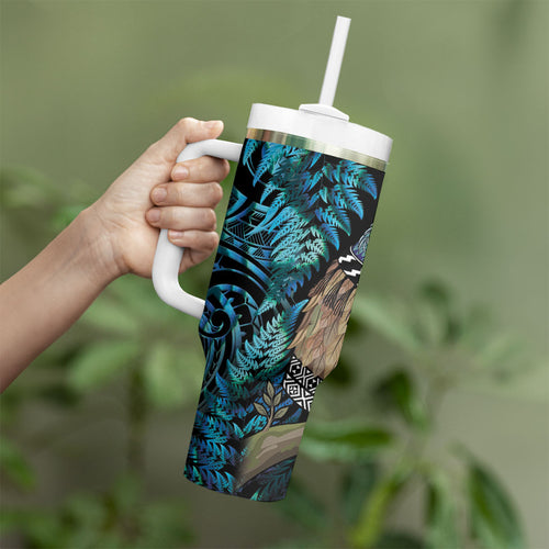 New Zealand Tui Bird Taiaha Tumbler With Handle Maori Weapon Paua Shell Mix Silver Fern