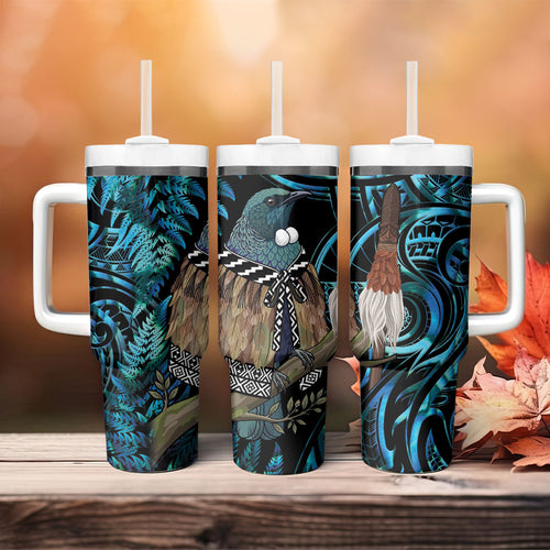 New Zealand Tui Bird Taiaha Tumbler With Handle Maori Weapon Paua Shell Mix Silver Fern