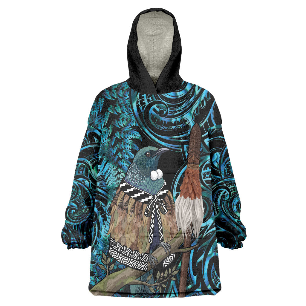 New Zealand Tui Bird Taiaha Wearable Blanket Hoodie Maori Weapon Paua Shell Mix Silver Fern