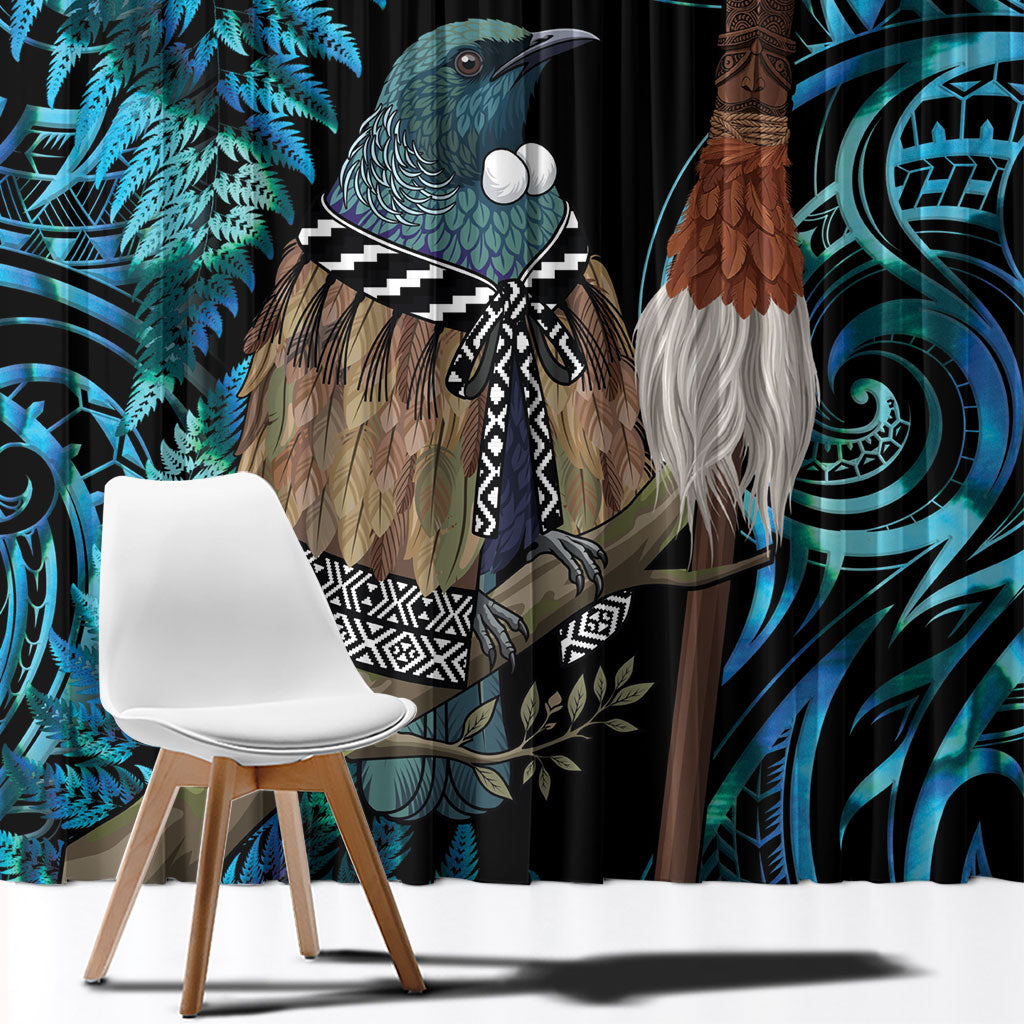 New Zealand Tui Bird Taiaha Window Curtain Maori Weapon Paua Shell Mix Silver Fern
