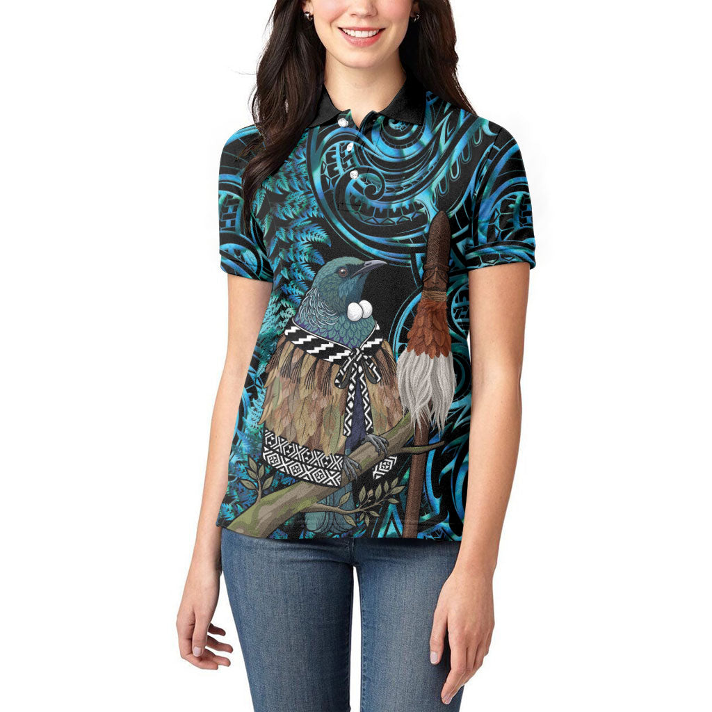 New Zealand Tui Bird Taiaha Women Polo Shirt Maori Weapon Paua Shell Mix Silver Fern