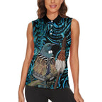 New Zealand Tui Bird Taiaha Women Sleeveless Polo Shirt Maori Weapon Paua Shell Mix Silver Fern
