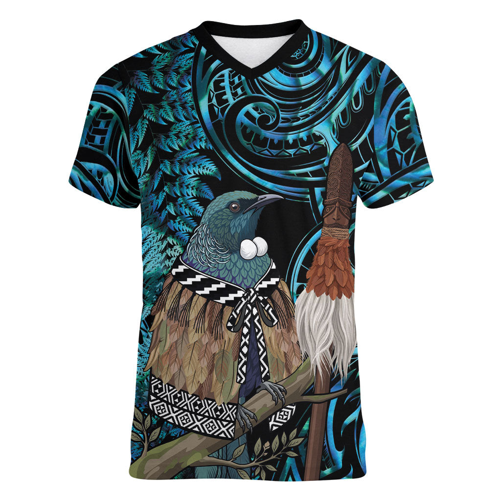 New Zealand Tui Bird Taiaha Women V-Neck T-Shirt Maori Weapon Paua Shell Mix Silver Fern