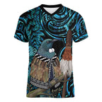 New Zealand Tui Bird Taiaha Women V-Neck T-Shirt Maori Weapon Paua Shell Mix Silver Fern