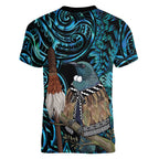 New Zealand Tui Bird Taiaha Women V-Neck T-Shirt Maori Weapon Paua Shell Mix Silver Fern
