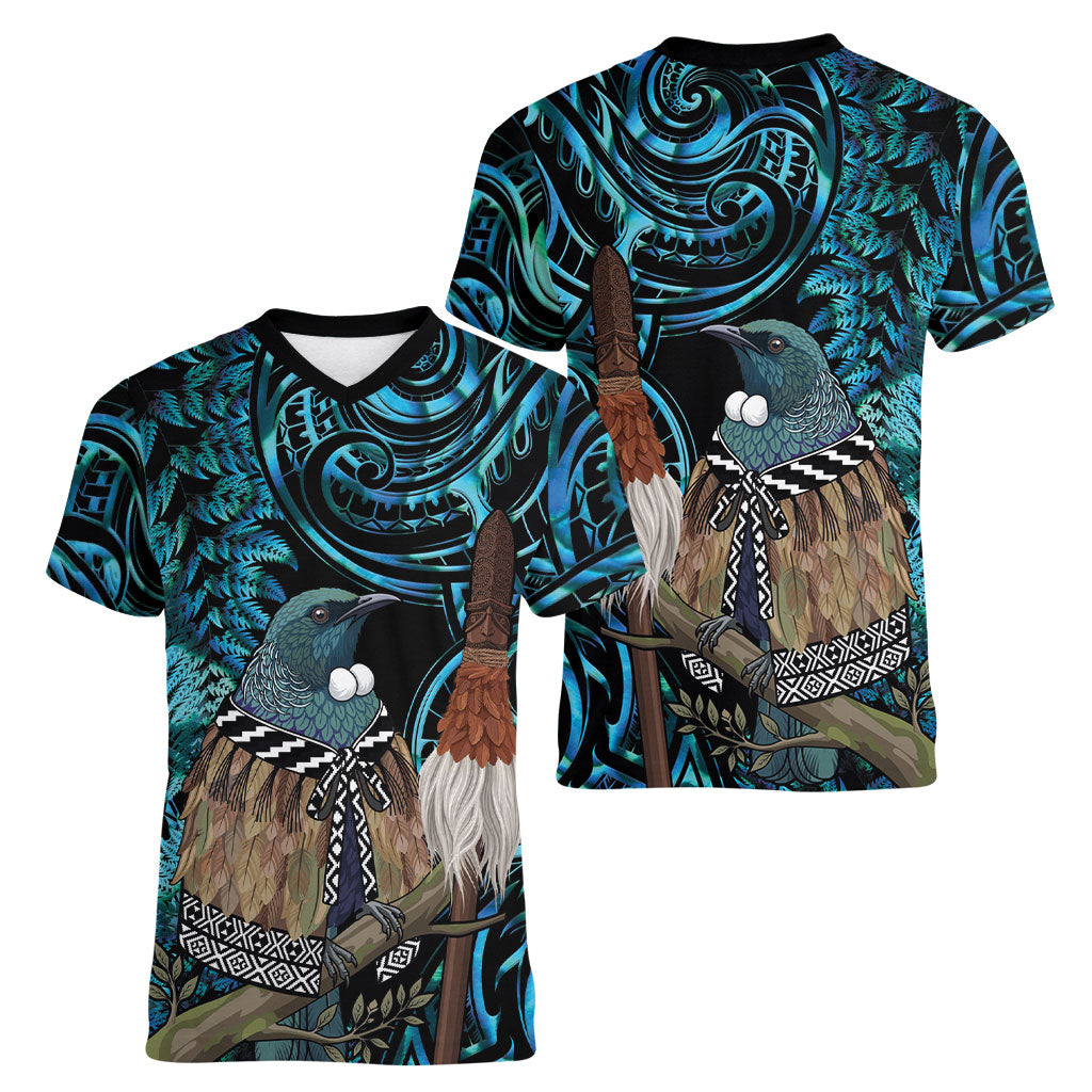 New Zealand Tui Bird Taiaha Women V-Neck T-Shirt Maori Weapon Paua Shell Mix Silver Fern