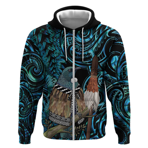 New Zealand Tui Bird Taiaha Zip Hoodie Maori Weapon Paua Shell Mix Silver Fern