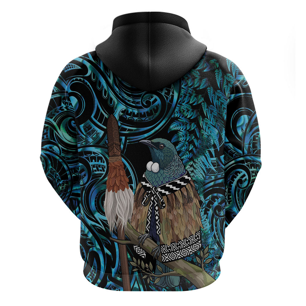 New Zealand Tui Bird Taiaha Zip Hoodie Maori Weapon Paua Shell Mix Silver Fern