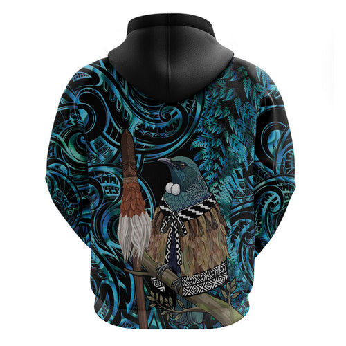 New Zealand Tui Bird Taiaha Zip Hoodie Maori Weapon Paua Shell Mix Silver Fern