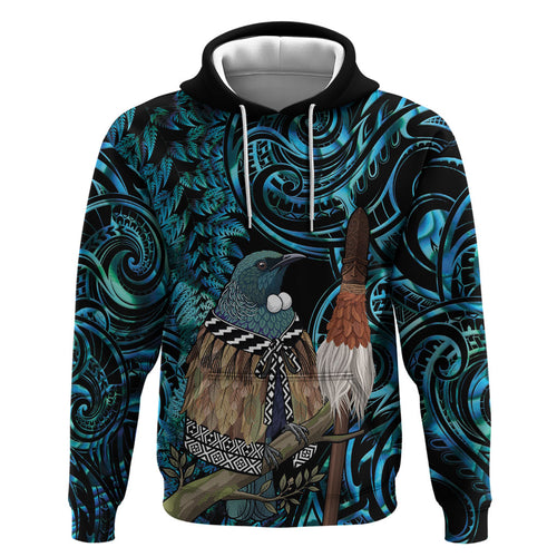 New Zealand Tui Bird Taiaha Zip Hoodie Maori Weapon Paua Shell Mix Silver Fern