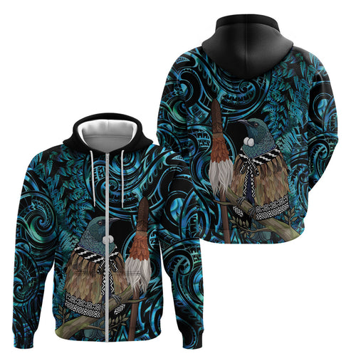 New Zealand Tui Bird Taiaha Zip Hoodie Maori Weapon Paua Shell Mix Silver Fern