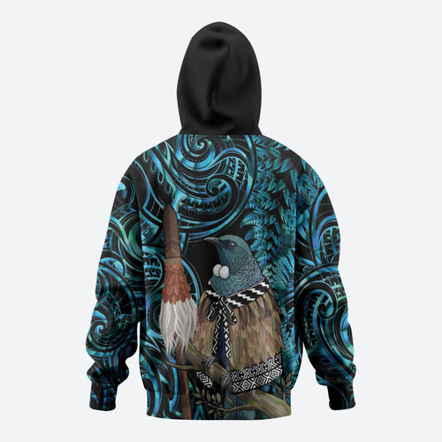 New Zealand Tui Bird Taiaha Zip Hoodie Maori Weapon Paua Shell Mix Silver Fern