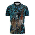 New Zealand Tui Bird Taiaha Zipper Polo Shirt Maori Weapon Paua Shell Mix Silver Fern