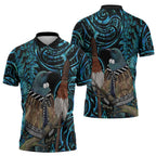 New Zealand Tui Bird Taiaha Zipper Polo Shirt Maori Weapon Paua Shell Mix Silver Fern