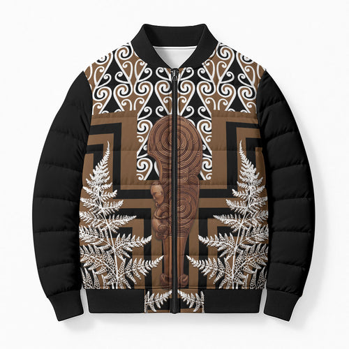 Wahaika New Zealand Bomber Puffer Jacket Maori Weapon Kowhaiwhai Fern Poutama Motifs