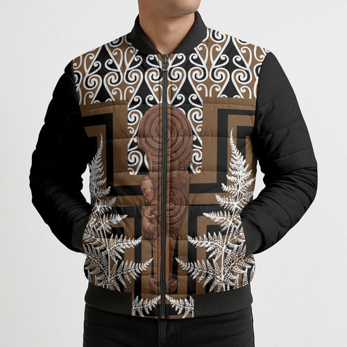 Wahaika New Zealand Bomber Puffer Jacket Maori Weapon Kowhaiwhai Fern Poutama Motifs