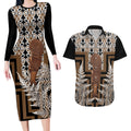 Wahaika New Zealand Couples Matching Long Sleeve Bodycon Dress and Hawaiian Shirt Maori Weapon Kowhaiwhai Fern Poutama Motifs