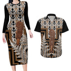 Wahaika New Zealand Couples Matching Long Sleeve Bodycon Dress and Hawaiian Shirt Maori Weapon Kowhaiwhai Fern Poutama Motifs