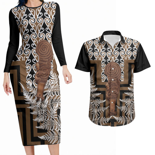 Wahaika New Zealand Couples Matching Long Sleeve Bodycon Dress and Hawaiian Shirt Maori Weapon Kowhaiwhai Fern Poutama Motifs