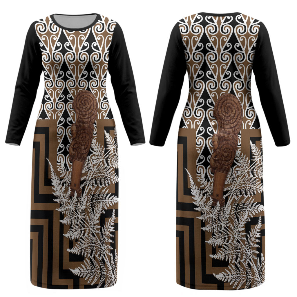 Wahaika New Zealand Couples Matching Long Sleeve Bodycon Dress and Hawaiian Shirt Maori Weapon Kowhaiwhai Fern Poutama Motifs LT14