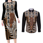 Wahaika New Zealand Couples Matching Long Sleeve Bodycon Dress and Long Sleeve Button Shirt Maori Weapon Kowhaiwhai Fern Poutama Motifs
