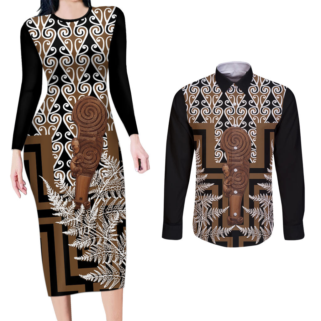Wahaika New Zealand Couples Matching Long Sleeve Bodycon Dress and Long Sleeve Button Shirt Maori Weapon Kowhaiwhai Fern Poutama Motifs