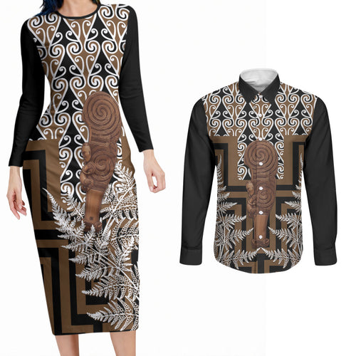 Wahaika New Zealand Couples Matching Long Sleeve Bodycon Dress and Long Sleeve Button Shirt Maori Weapon Kowhaiwhai Fern Poutama Motifs