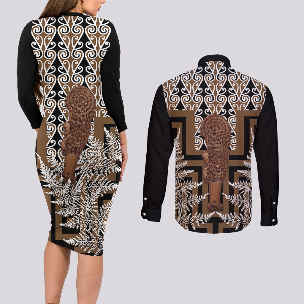 Wahaika New Zealand Couples Matching Long Sleeve Bodycon Dress and Long Sleeve Button Shirt Maori Weapon Kowhaiwhai Fern Poutama Motifs